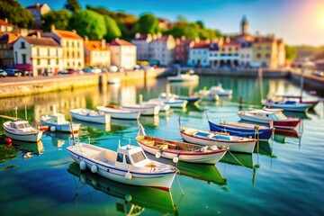 Obraz premium French pier's white boats, transformed by tilt-shift photography into a captivating miniature world.