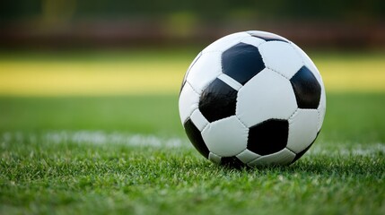 Classic Soccer Ball on Fresh Green Grass Field Ready for Kickoff