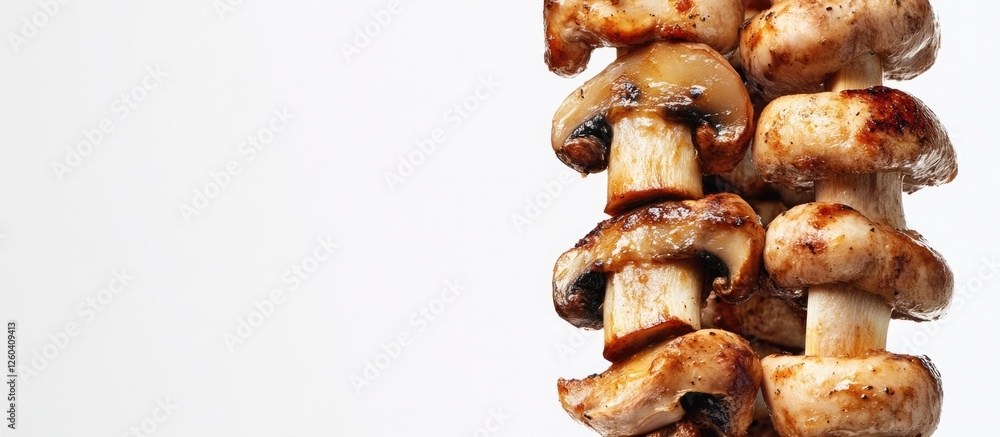 Aufkleber grilled chicken and mushroom skewers on a white background with empty space for text in restaurant f