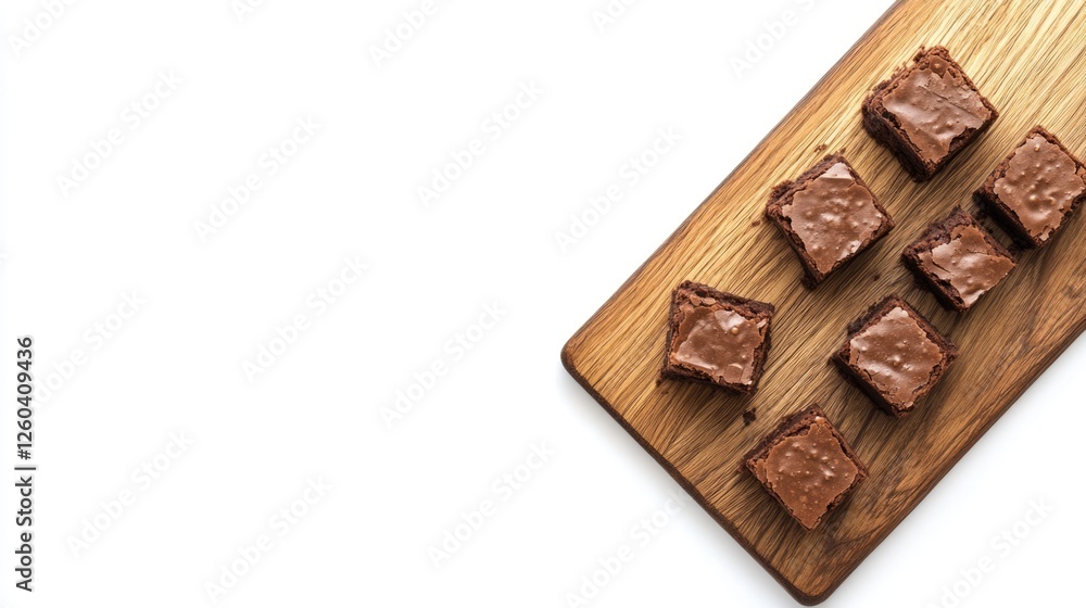 Aufkleber wooden board displaying fresh chocolate brownies against a white background with ample empty space f