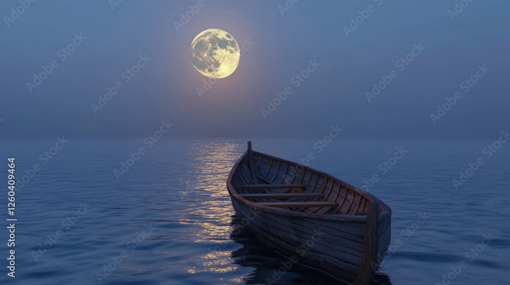 Aufkleber serene wooden boat illuminated by a full moon on calm ocean waters with ample empty space for text a