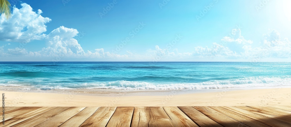 Poster wooden deck table on a sunny beach with clear ocean views and sky featuring empty space for text and