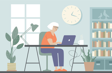 Elderly woman working from home, remote job, online learning, senior freelancer, cozy home office, digital independence, lifelong learning