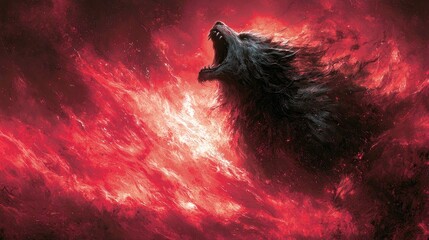 Howling Wolf in Fiery Inferno: A Dark Fantasy Art