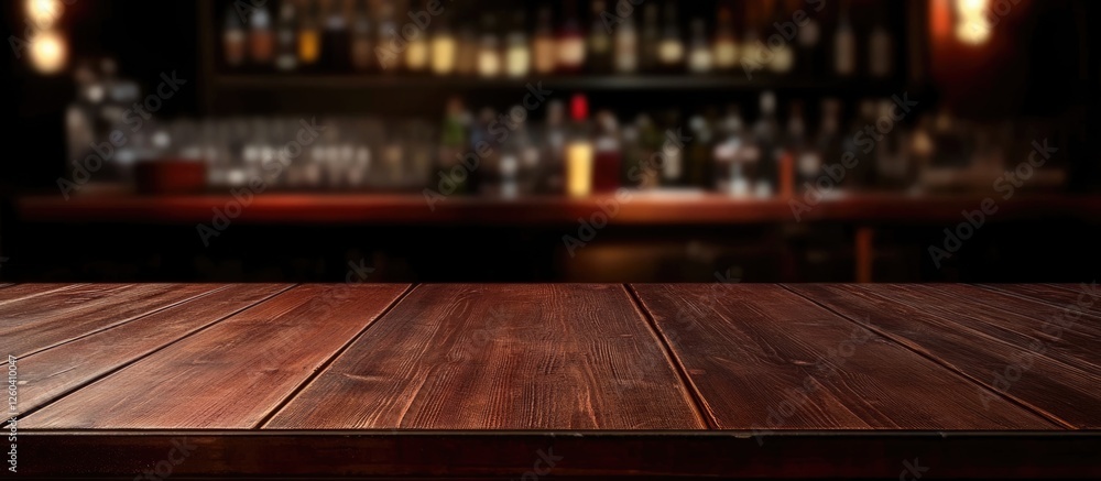 Poster wooden table with blurred restaurant background creating empty space for text showcasing hospitality