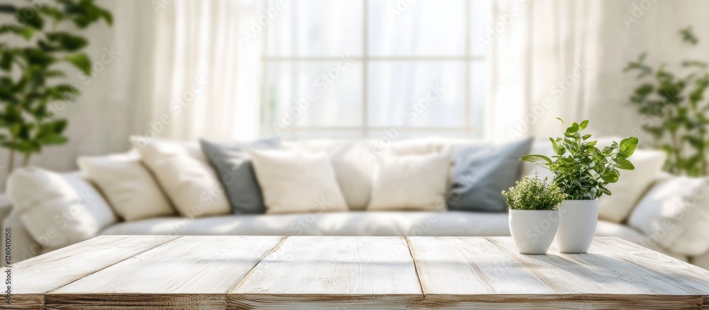 Poster wooden tabletop in bright living room with blurred background and plants creating inviting empty spa