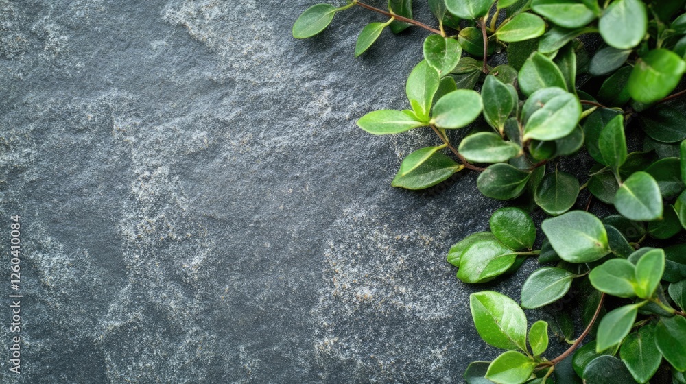 Poster lush green leaves on textured granite surface creating a natural backdrop with ample space for text 