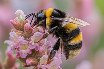 Close-up of a bumblebee collecting nectar from a pink flower, showing fine hairs, translucent wings, and intricate details. A stunning macro shot highlighting the beauty of pollination