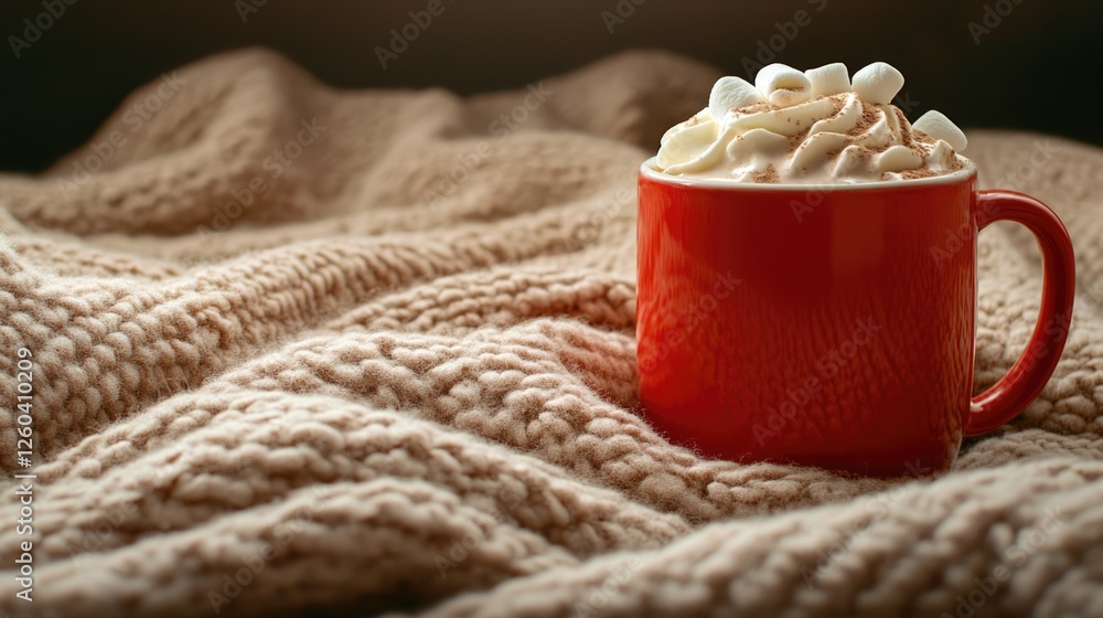 Aufkleber cozy mug of hot cocoa topped with whipped cream and marshmallows on a soft warm blanket creating a c