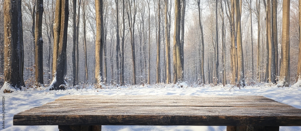 Poster wooden table in snowy forest winter morning ideal for product display with ample space for text and 