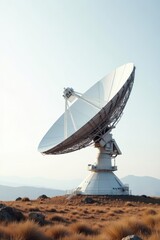 Immense parabolic antenna, clean lines, stark white setting, structure, technology background