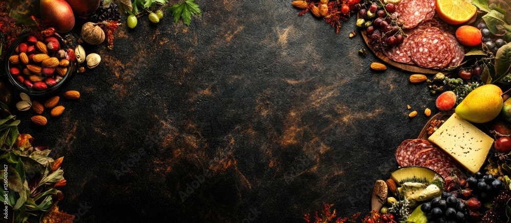 Poster cheese platter featuring assorted fruits nuts and charcuterie with empty space for text on a rustic 