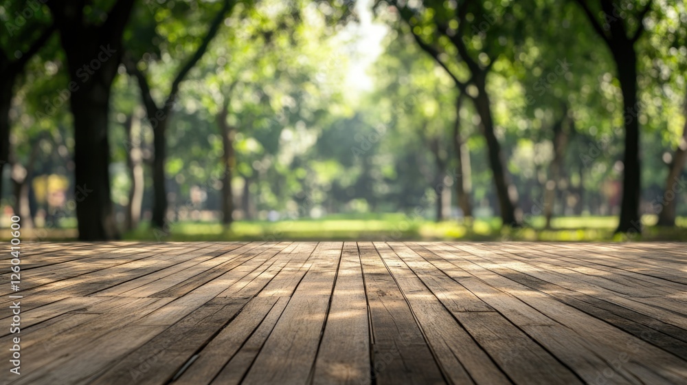 Poster wooden pathway in a lush green park with abundant trees and ample empty space for customizable text 