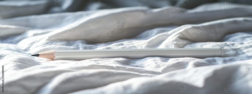 Poster white pencil lying on bed with soft texture and negative space for text placement in minimalist comp
