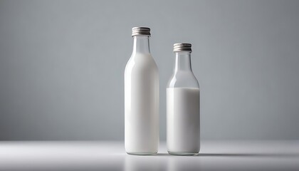Two glass bottles filled with milk, standing on a white surface against a gray background.