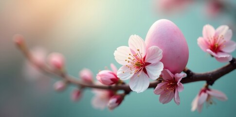 Obraz premium Pastel colored eggshell and flower pattern on spring branch, pretty, fresh, nature