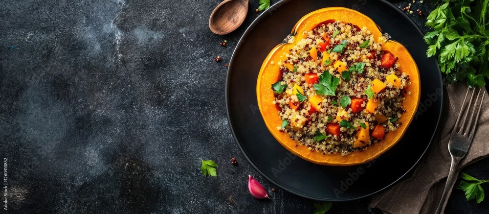Poster vegan stuffed acorn squash with quinoa and colorful vegetables on dark table with copy space for tex