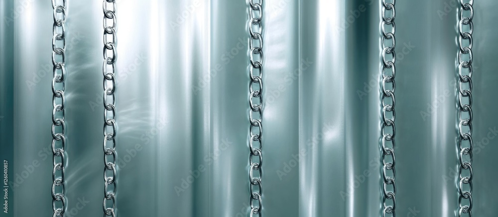 Poster metallic chains background with decorative curtains in window display and room for custom text or br