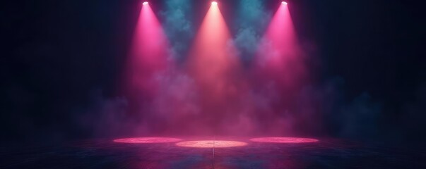 Three spotlights highlighting a mysterious and dark stage, mystery, atmospheric, glowing light