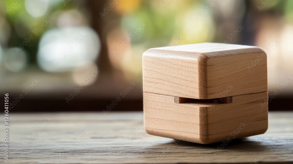 Poster wooden spinning box toy resting on a rustic table with blurred background and ample empty space for 