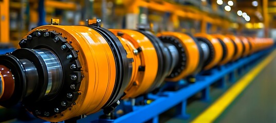 Obraz premium Industrial Machinery: Close-up of a Series of Orange and Black Cylindrical Components on a Blue Frame