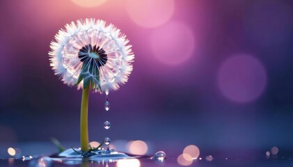 Tiny water drops forming a miniature waterfall on dandelion, bokeh, purple background, water