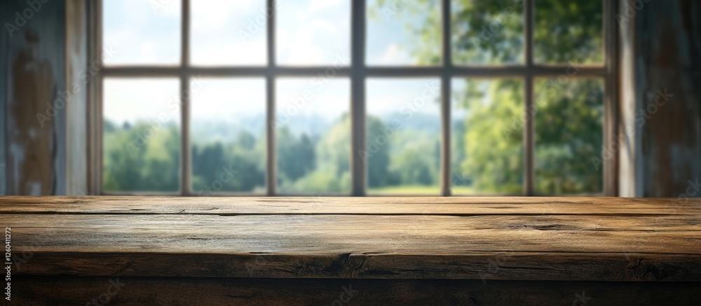Poster wooden table with blurred window background and space for text in a rustic interior setting