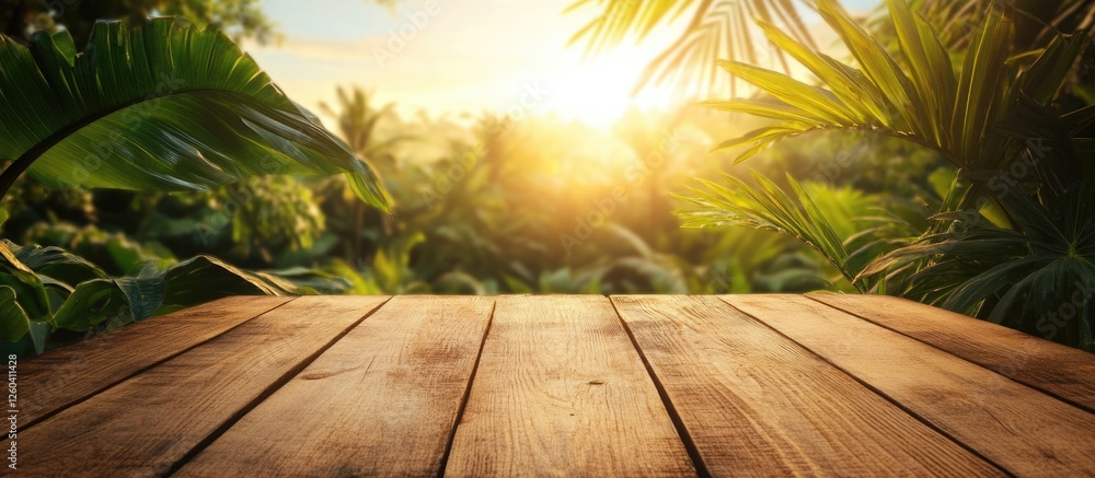 Poster wooden table top with tropical landscape background ideal for product display and advertising with e