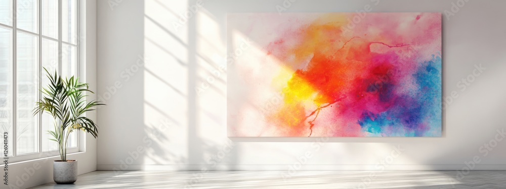 Poster bright modern interior with natural light and vibrant abstract art on the wall creating an ideal emp