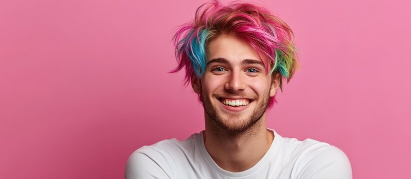 Cheerful young man with vibrant multicolored hair smiling at the camera with ample empty space for text overlay on pink background - Powered by Adobe