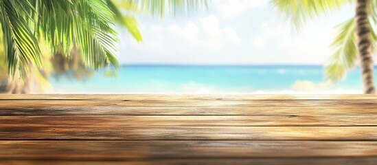 Obraz premium Wooden table with blurred tropical beach background creating an inviting space for advertising or promotional text. Perfect for vacation themes.