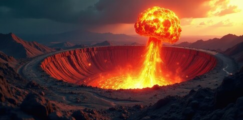 Fototapeta premium A crater with a mushroom cloud and debris scattered around it, explosion, destruction