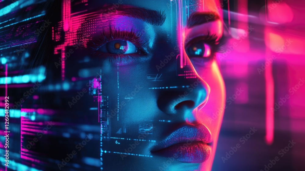 Poster futuristic neon portrait with dynamic lighting and copy space for text in a technology-inspired sett