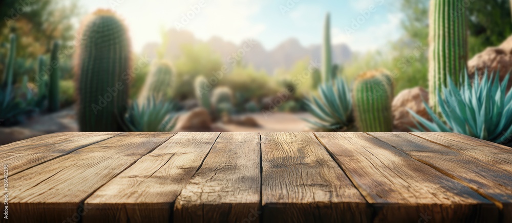 Poster wooden table in foreground with blurred cactus garden background and empty area for promotional or t