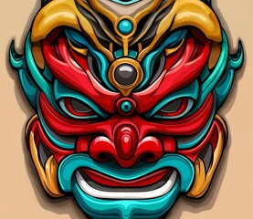 Obraz premium Traditional Japanese Oni Mask in Bold Red and Teal with Gold Accents for Cultural Performance