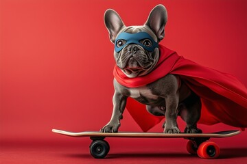 A French Bulldog is dressed up as a superhero dog standing on a skateboard