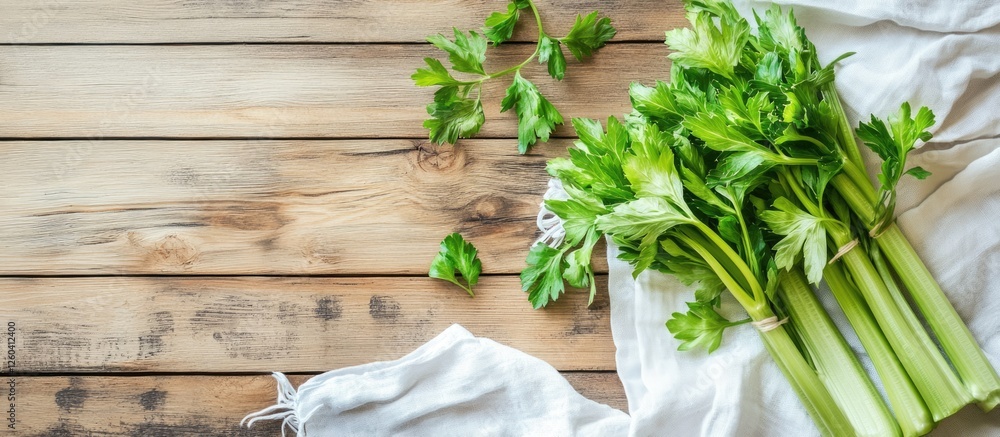 Poster fresh green celery on a wooden table with a white apron background, ideal mockup template for produc