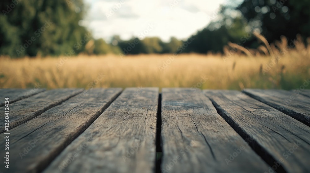 Aufkleber wooden tabletop with blurred outdoor garden field background creating empty copy space for text and 