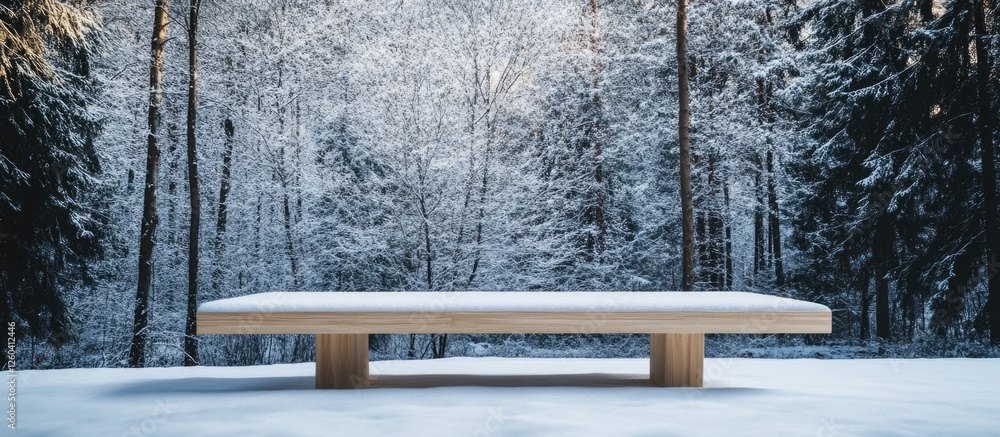 Poster snowy winter forest with wooden table perfect for product display and empty space for text in serene