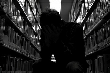 Fototapeta premium A man is sitting in a library with his head down