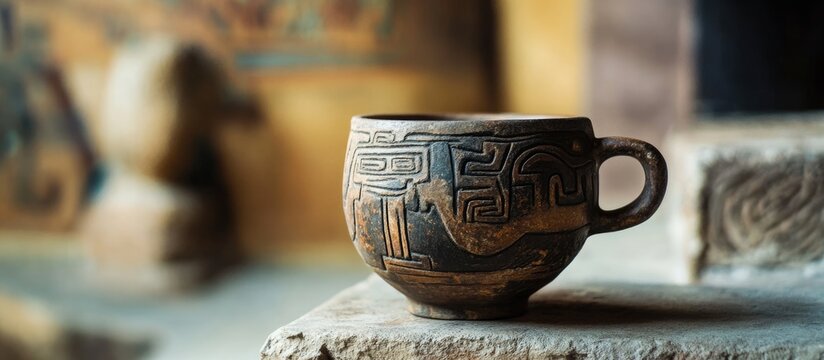 Chavin Culture Ceramic Cup with Detailed Designs and Blank Space for Text Usage
