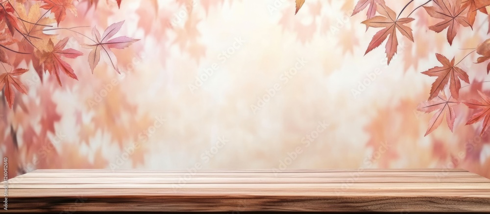 Poster wooden table with blurred autumn leaf background perfect for product display featuring high quality 