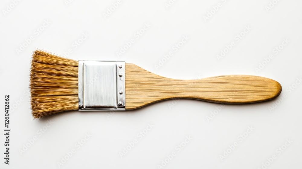 Poster wooden handled paint brush on a white background provides empty space for text or branding usage in 