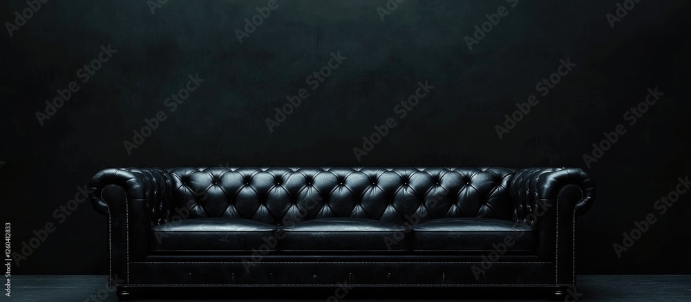 Poster elegant black leather sofa on dark background with ample empty space for text in stylish interior se