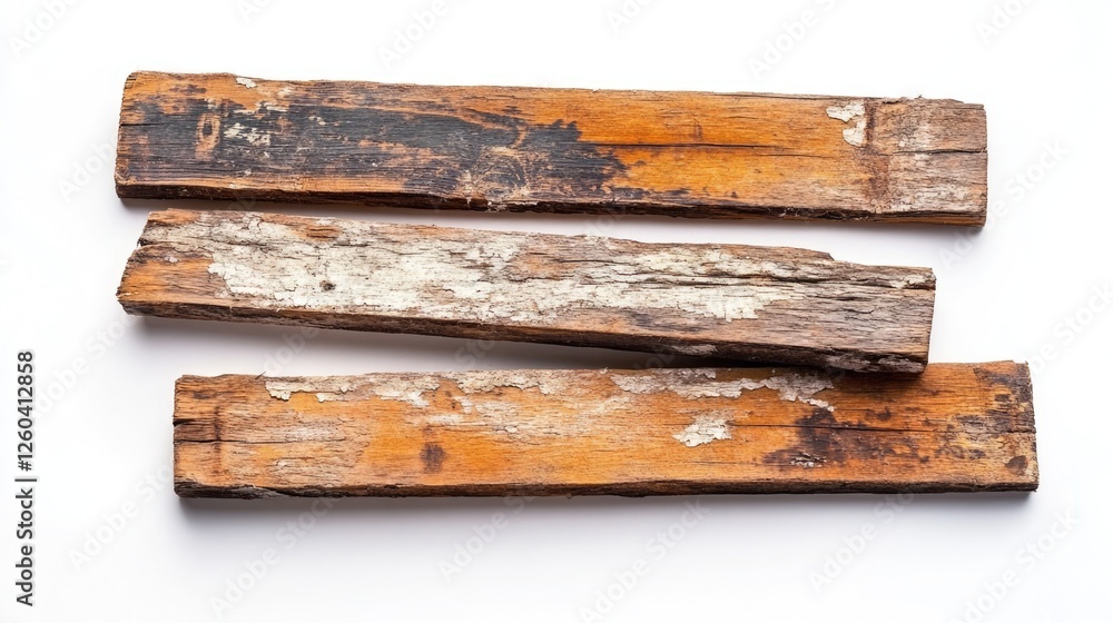 Poster close up of weathered wooden planks with peeling paint on white background showcasing texture with a