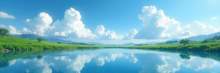 Fototapeta premium A serene and idyllic landscape with a vast expanse of blue sky and puffy white clouds reflected in a peaceful pond, cloud, water