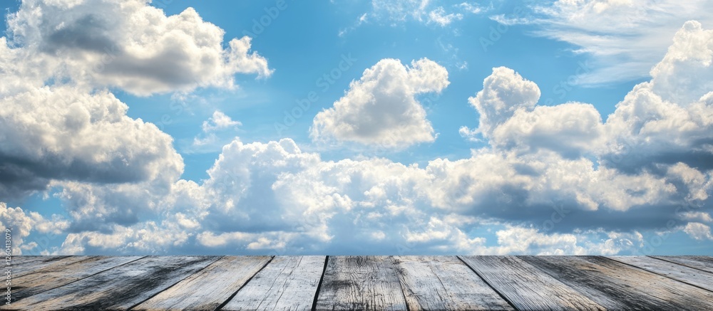 Poster wooden table with clear blue sky and white clouds ideal for adding text or graphics background scene