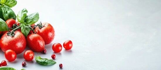 Fresh Ingredients with Empty Copy Space for Text in a Professional Kitchen Setting Featuring Tomatoes and Basil