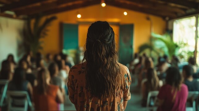 Empowering Women's Retreat with Group Discussions and Supportive Atmosphere Featuring Copy Space for Promotional Text