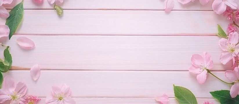 Wooden background with pink flower border ideal for Spring or Valentineâs Day themed designs and promotions with copy space for text